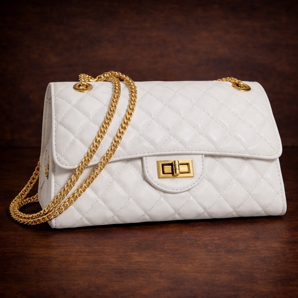 None Handbags - Chic White Quilted Shoulder Bag with Gold Chain